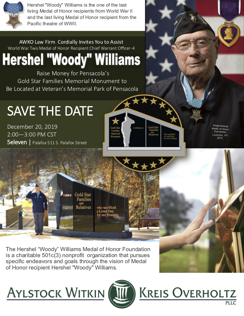 Woody Williams; photographs of Wood Williams with medals, visiting memorials, and standing in front of the American flag.