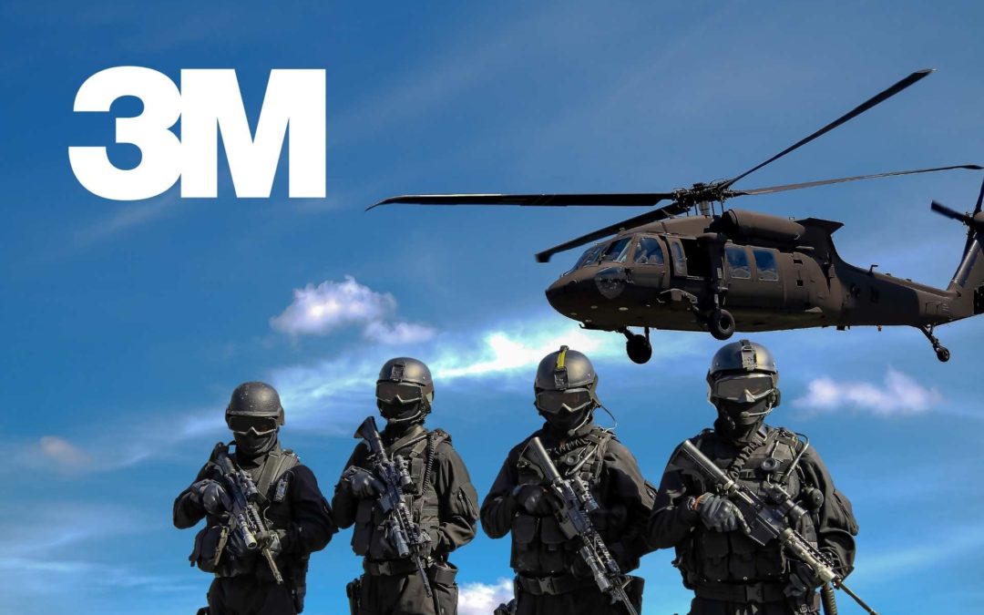 a helicopter over 4 soldiers with a blue sky, and the 3M logo