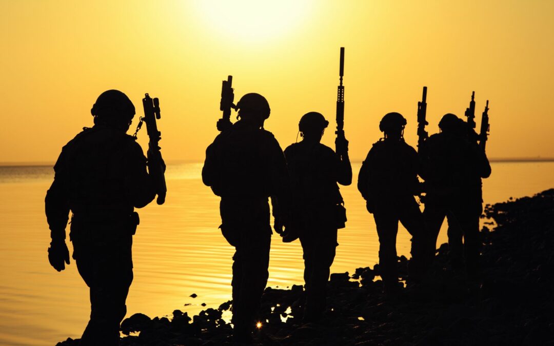 3M soldiers in silhouette on a beach